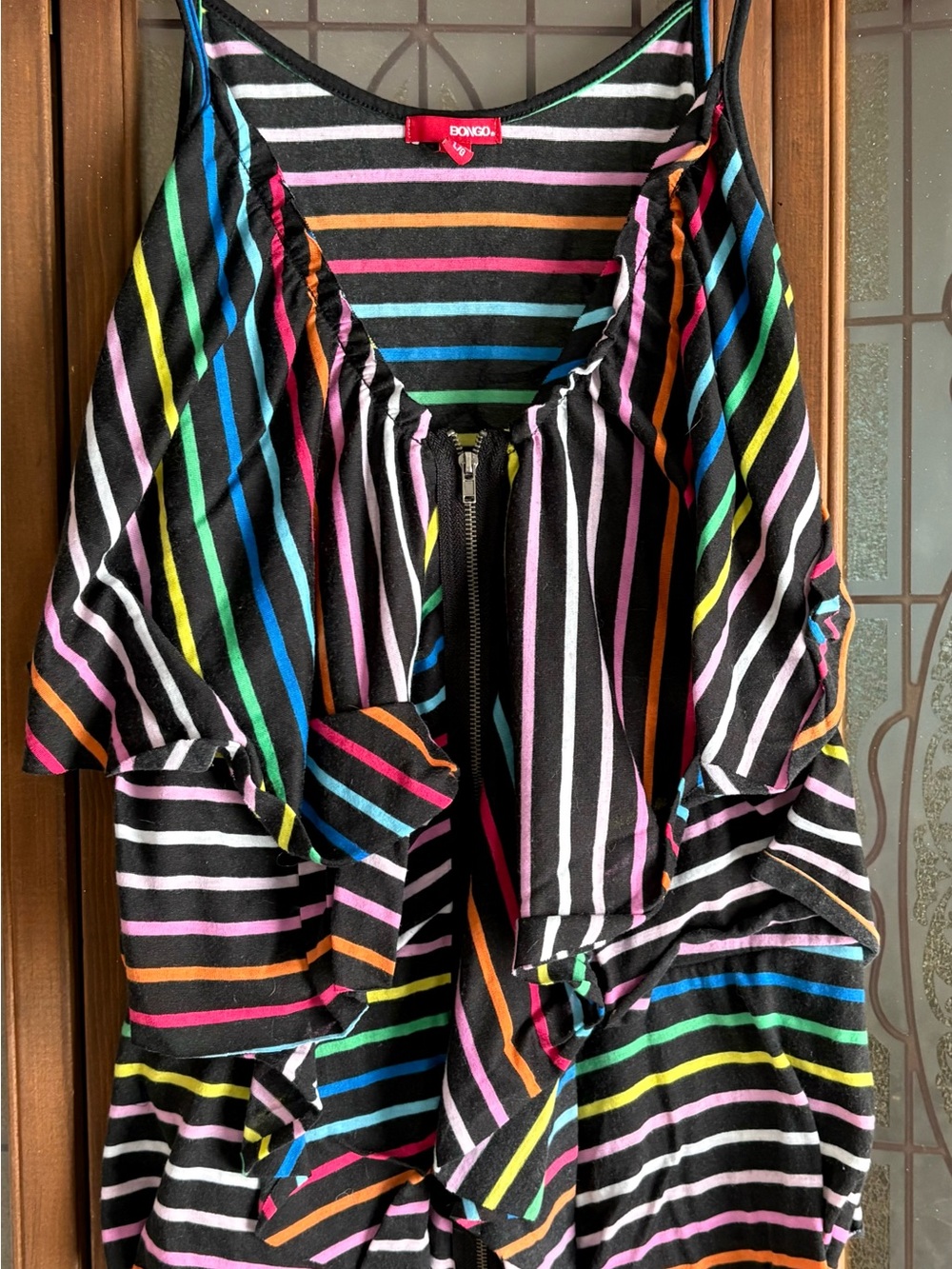 BONGO Black Multi-Color Striped Ruffle Camisole with Front Zip